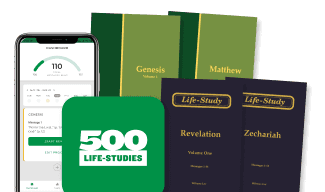 Life-Study e-books on a phone beside printed volumes